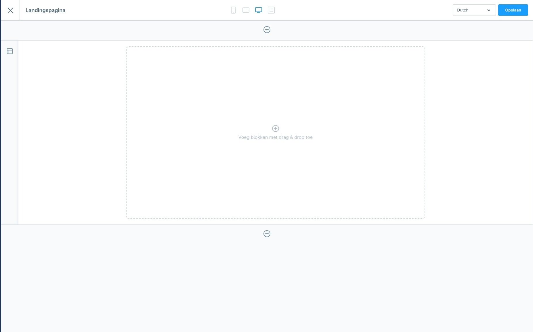 Screenshot of: Je zit nu in de visuele editor. Laten we starten met het toevoegen van een titel met content. Dit doe je door te klikken op het '+' in het midden van het scherm