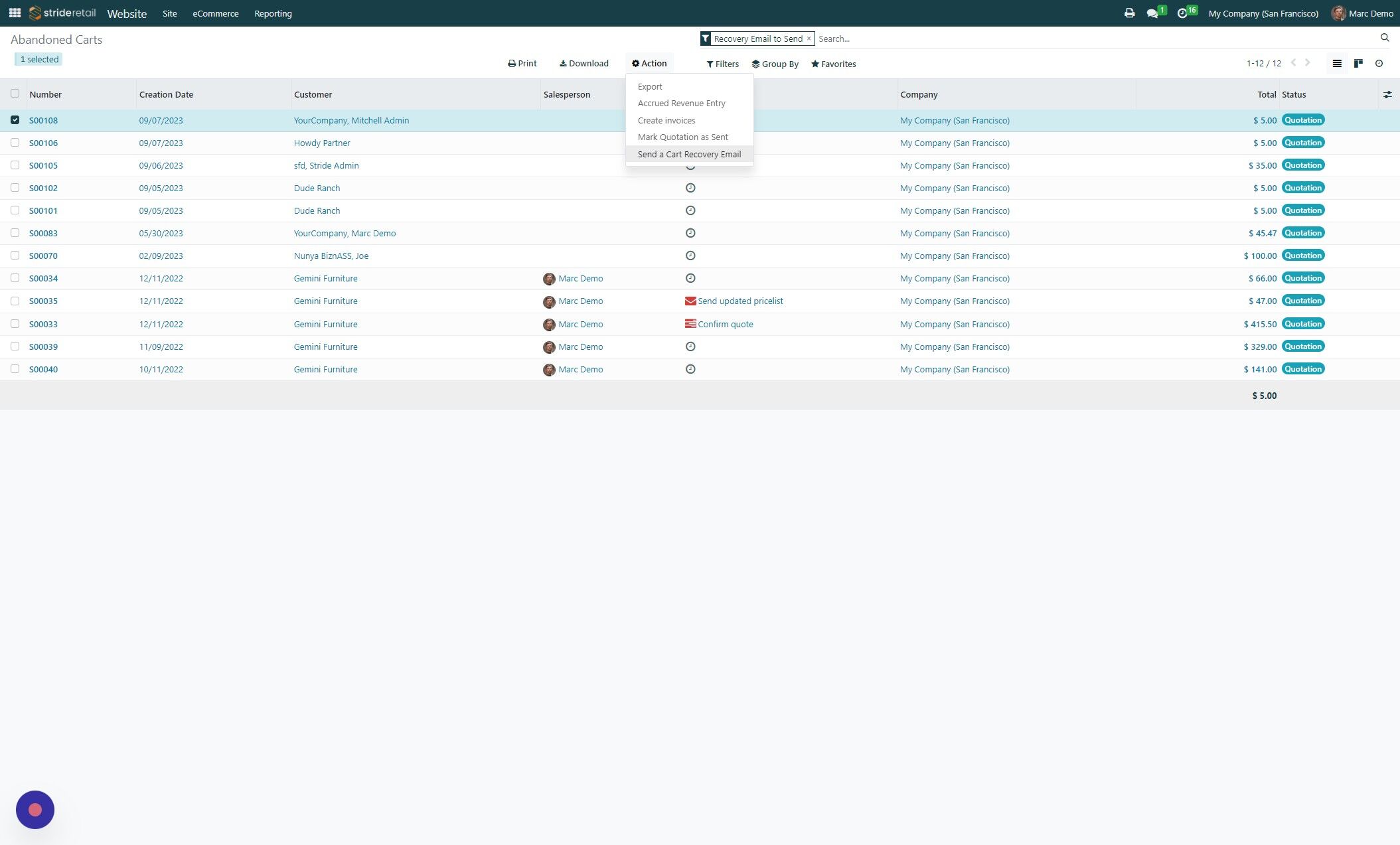 Screenshot of: Click "Send a Cart Recovery Email"