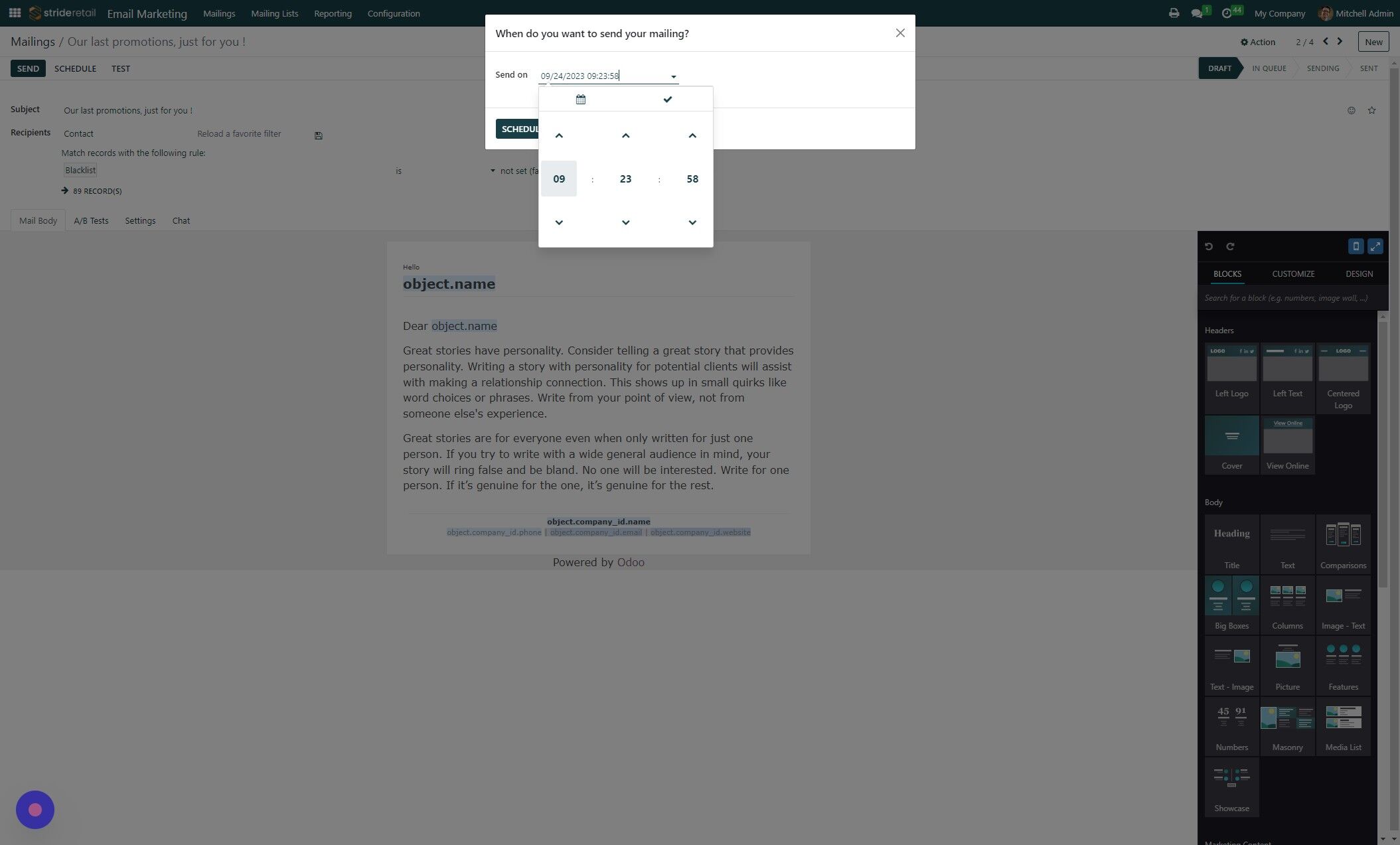 Screenshot of: You can use the arrows to toggle the time up and down (24 hour clock used) or you can click the hour and select the time.