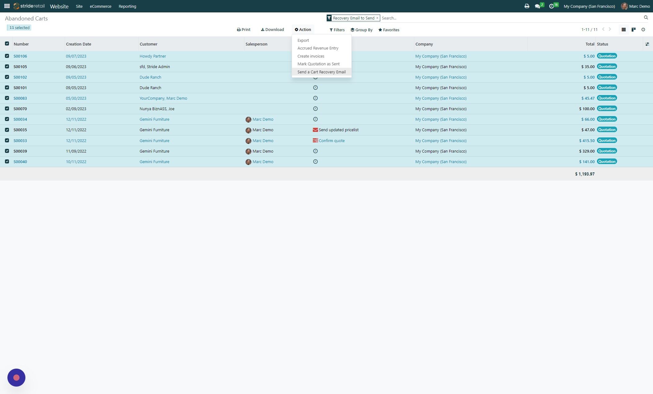 Screenshot of: Click "Send a Cart Recovery Email"