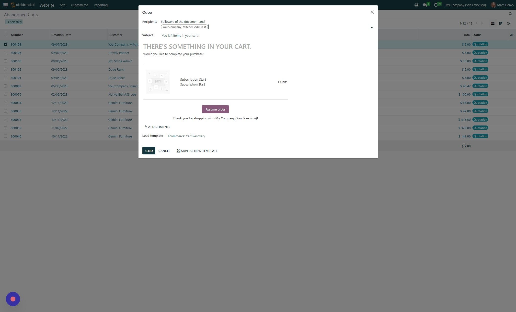 Screenshot of: Click "SEND"\
\
Please note that the template can be edited and saved.  Do not change anything that is highlighted as this is hard coded and will change depending on what is in the customers' cart.