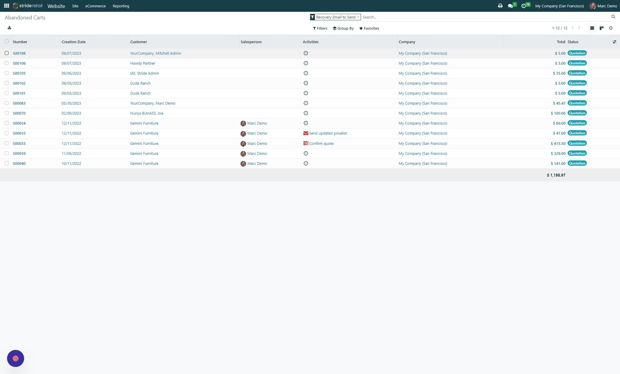 Screenshot of: You can individually select each order to send a recovery email.  Or, you can click the checkbox at the top and select all the records and send all the cart recovery emails at once.