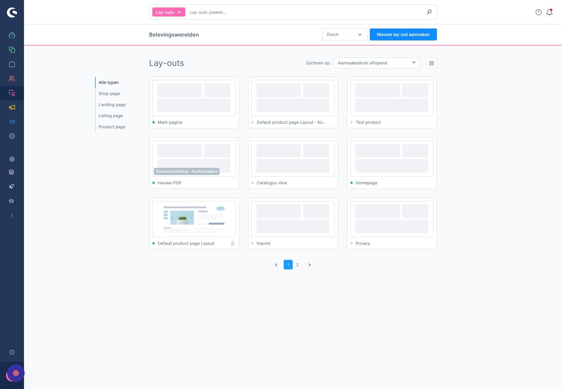 Screenshot of: Op deze pagina rechts klik je op "Nieuwe lay-out aanmaken"