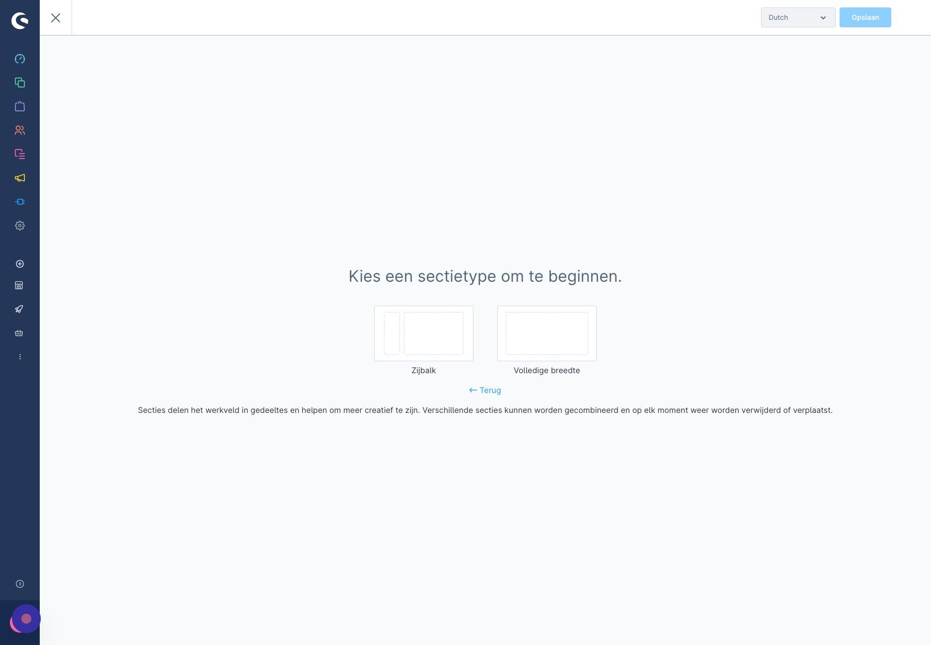 Screenshot of: Wij kiezen voor een 'landingspagina'. Vervolgens kan je kiezen voor een weergave met of zonder een zijbalk