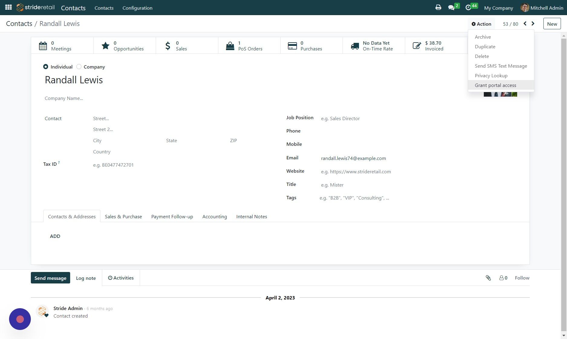 Screenshot of: Click "Grant portal access"\
\
\*Alternatively you can go to the list view in your contacts module, select multiple contacts and click Action>"Grant Portal Access" to give portal access to multiple contacts at once.
