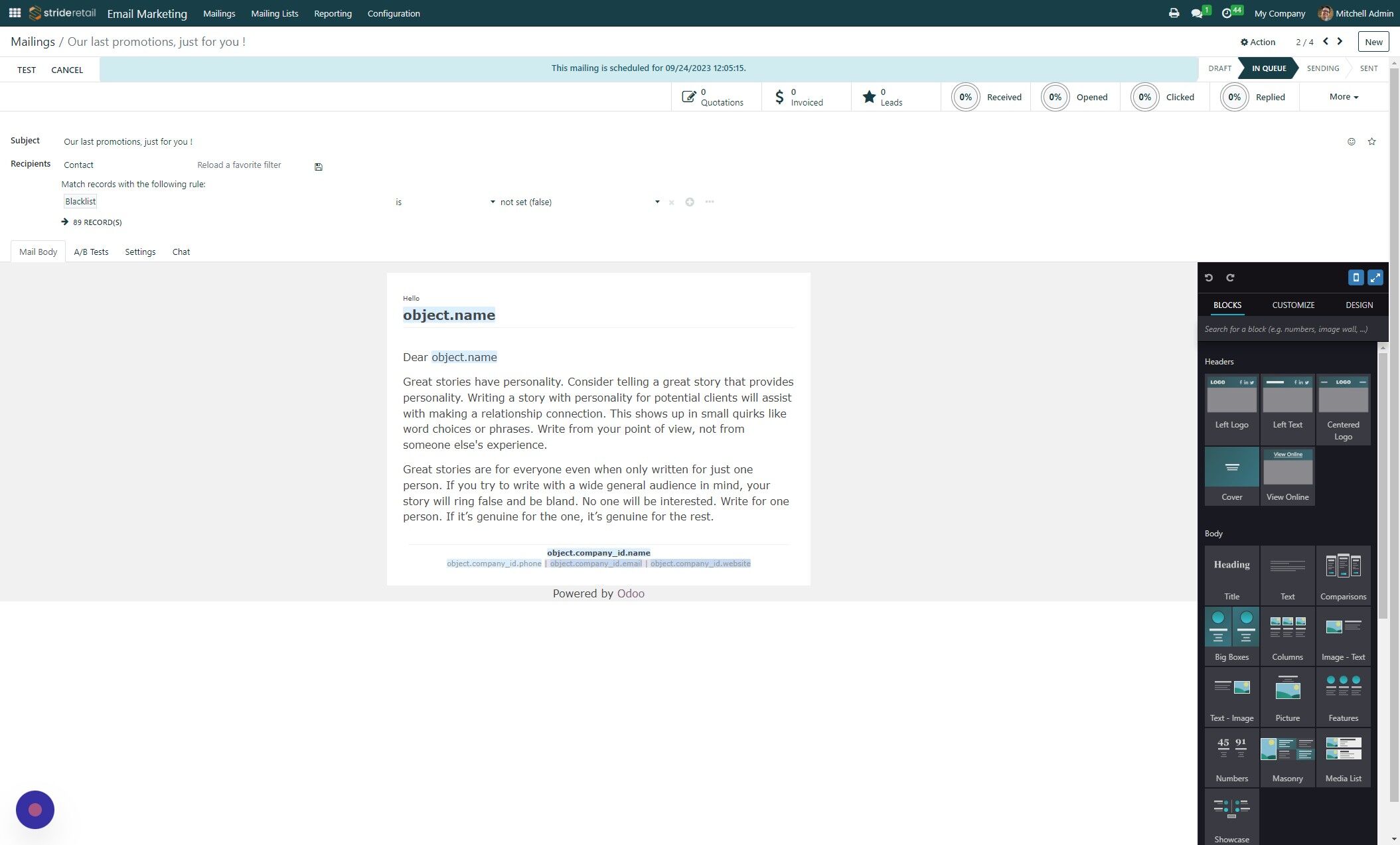 Screenshot of: A blue banner appears stating that the email is scheduled to be mailed on the specified date and time.