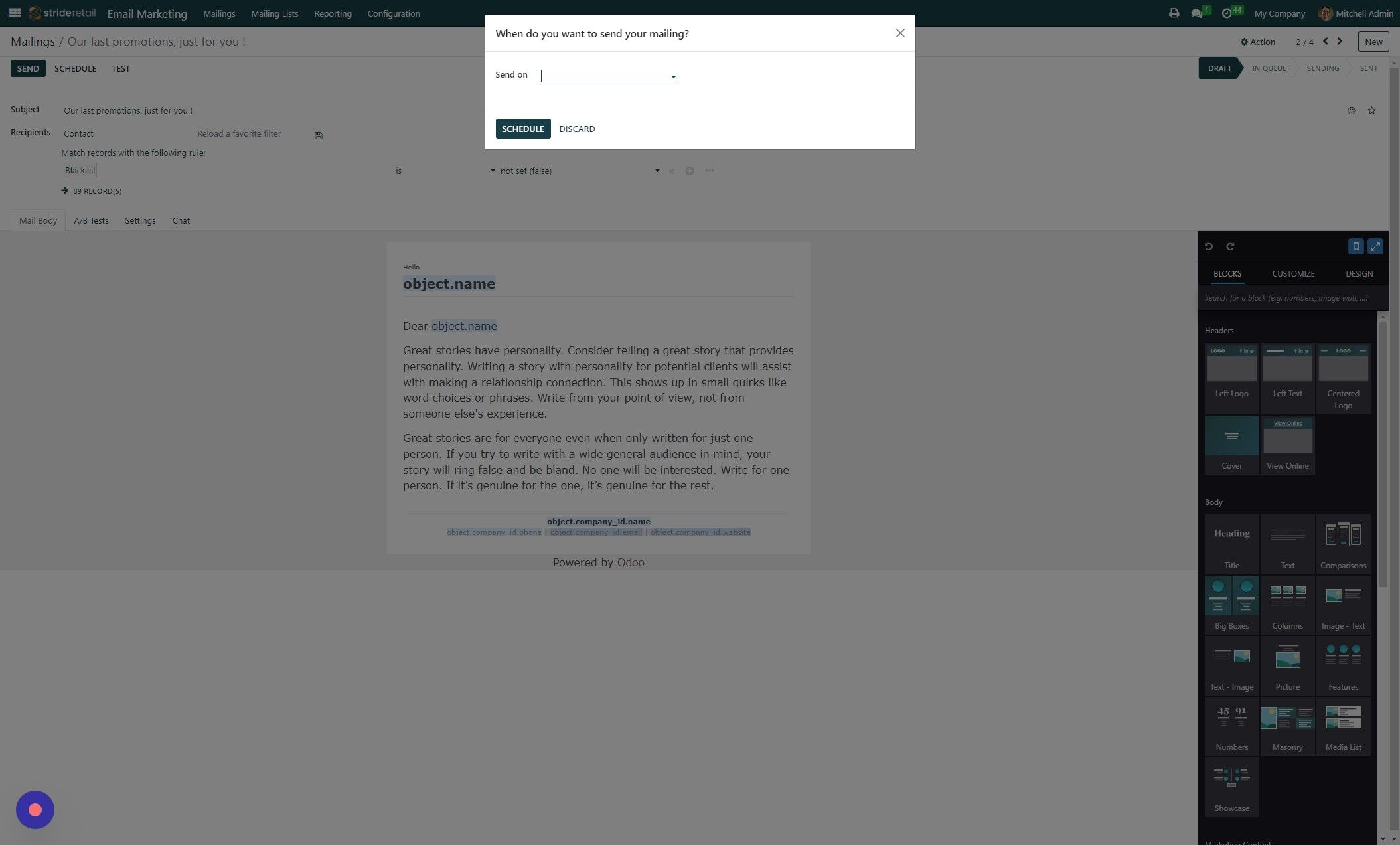 Screenshot of: Click the "Send on" field.