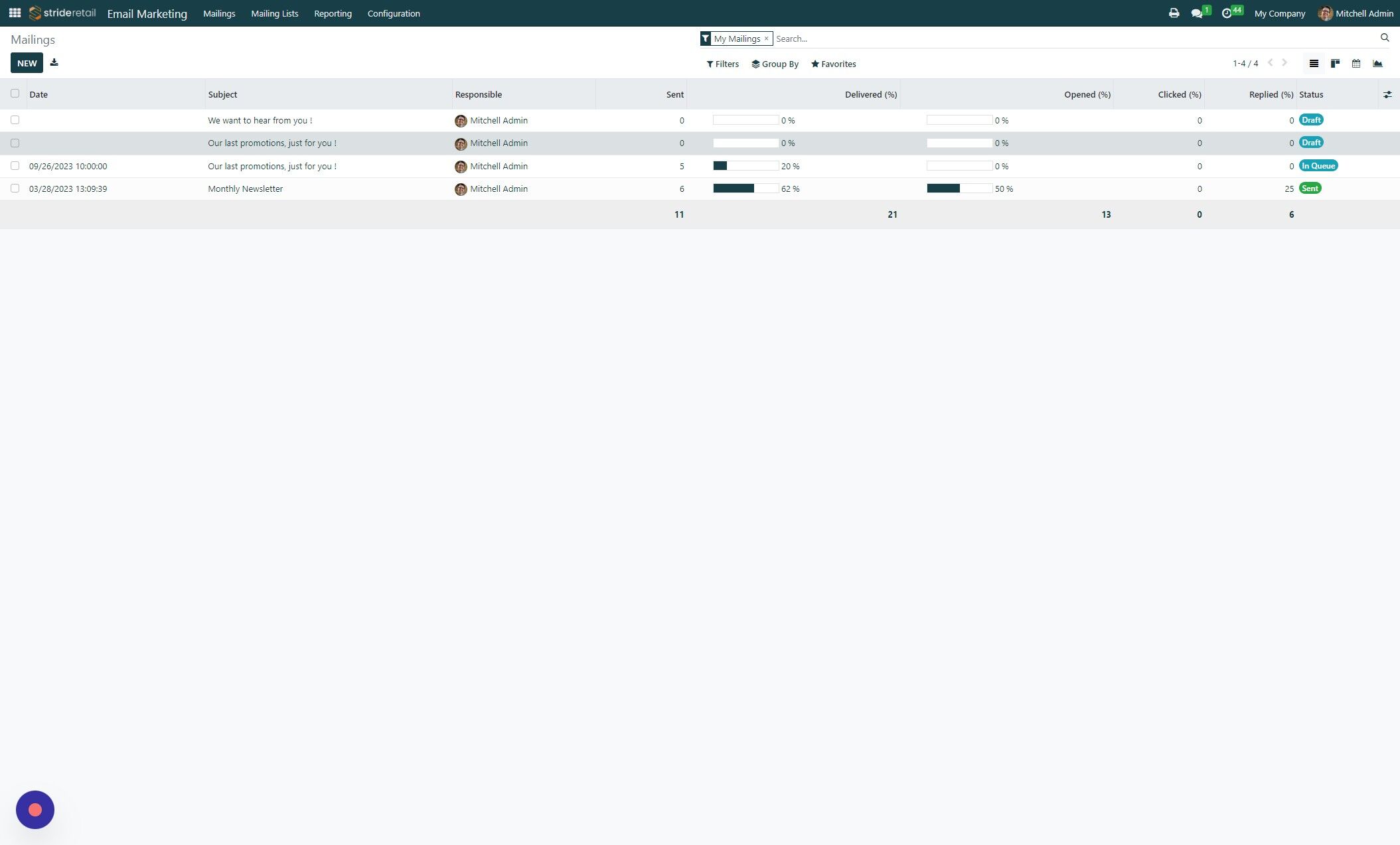 Screenshot of: Select or Create a new mailing