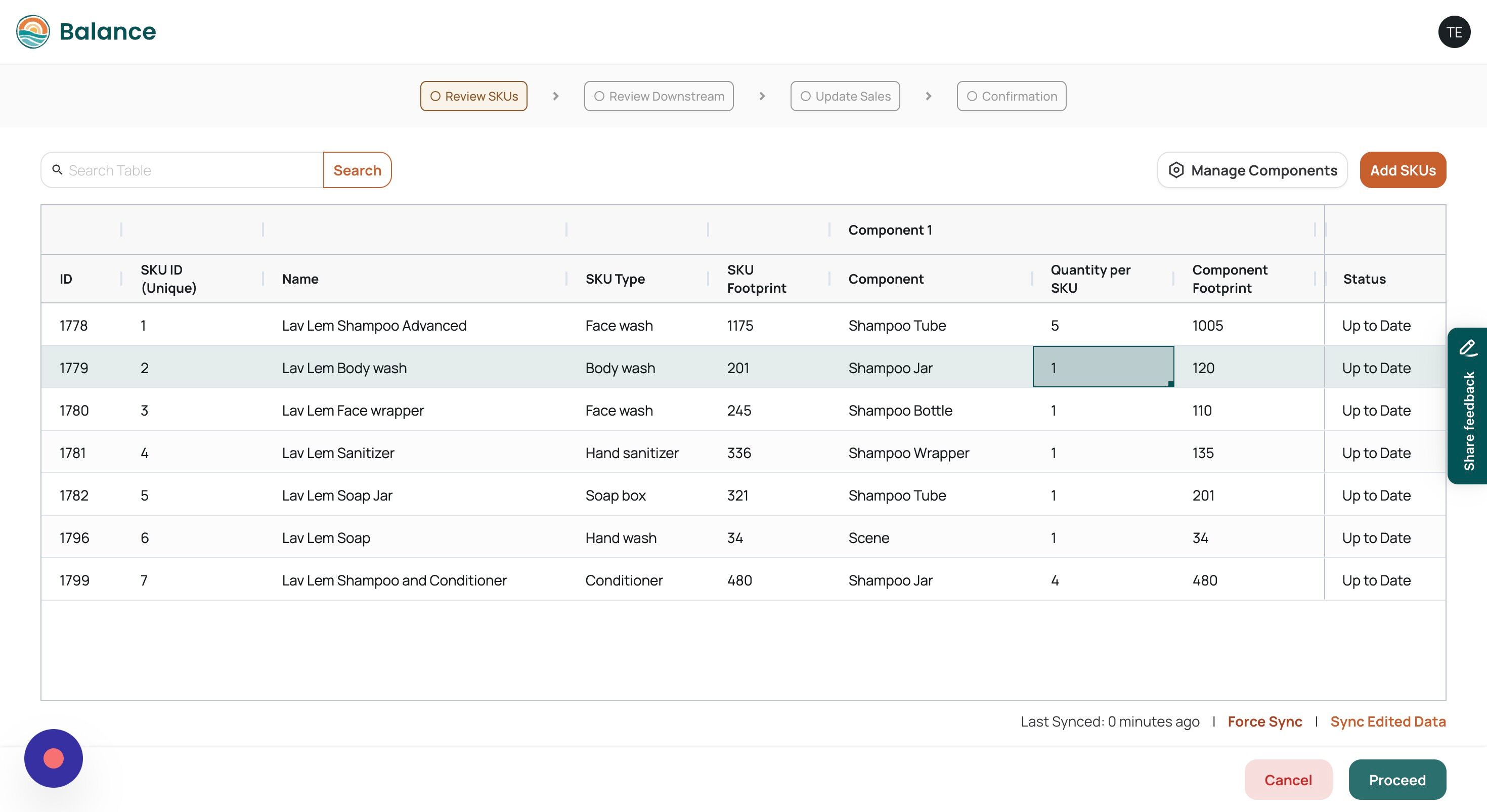 Screenshot of: Click "Proceed" once you are happy with your SKUs and wish to move to the next section.