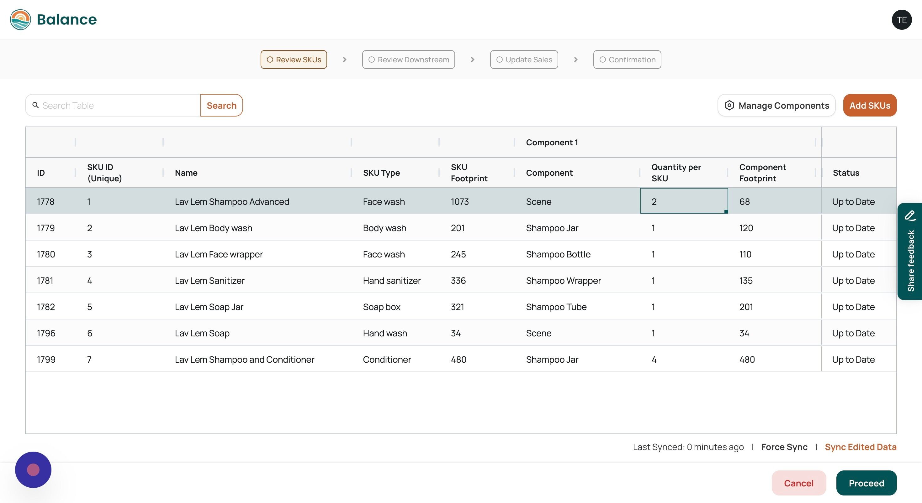 Screenshot of: Double click on the field you would like to update. For instance in the image below we want to update "Quantity per SKU" for the SKU "Lav Lem Shampoo Advanced". 