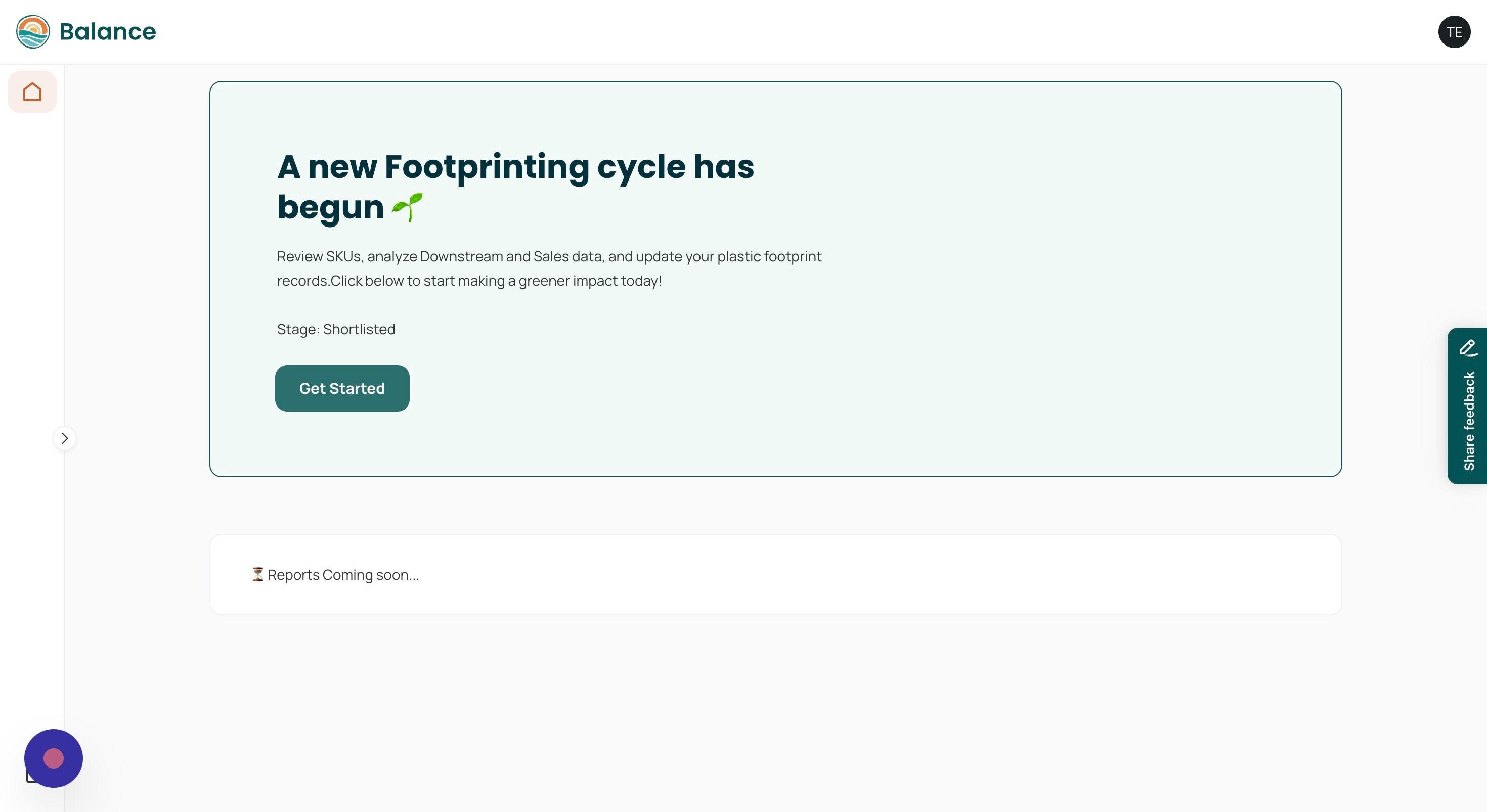 Screenshot of: Click "Get Started" to begin your Plastic Footprint submission process. 