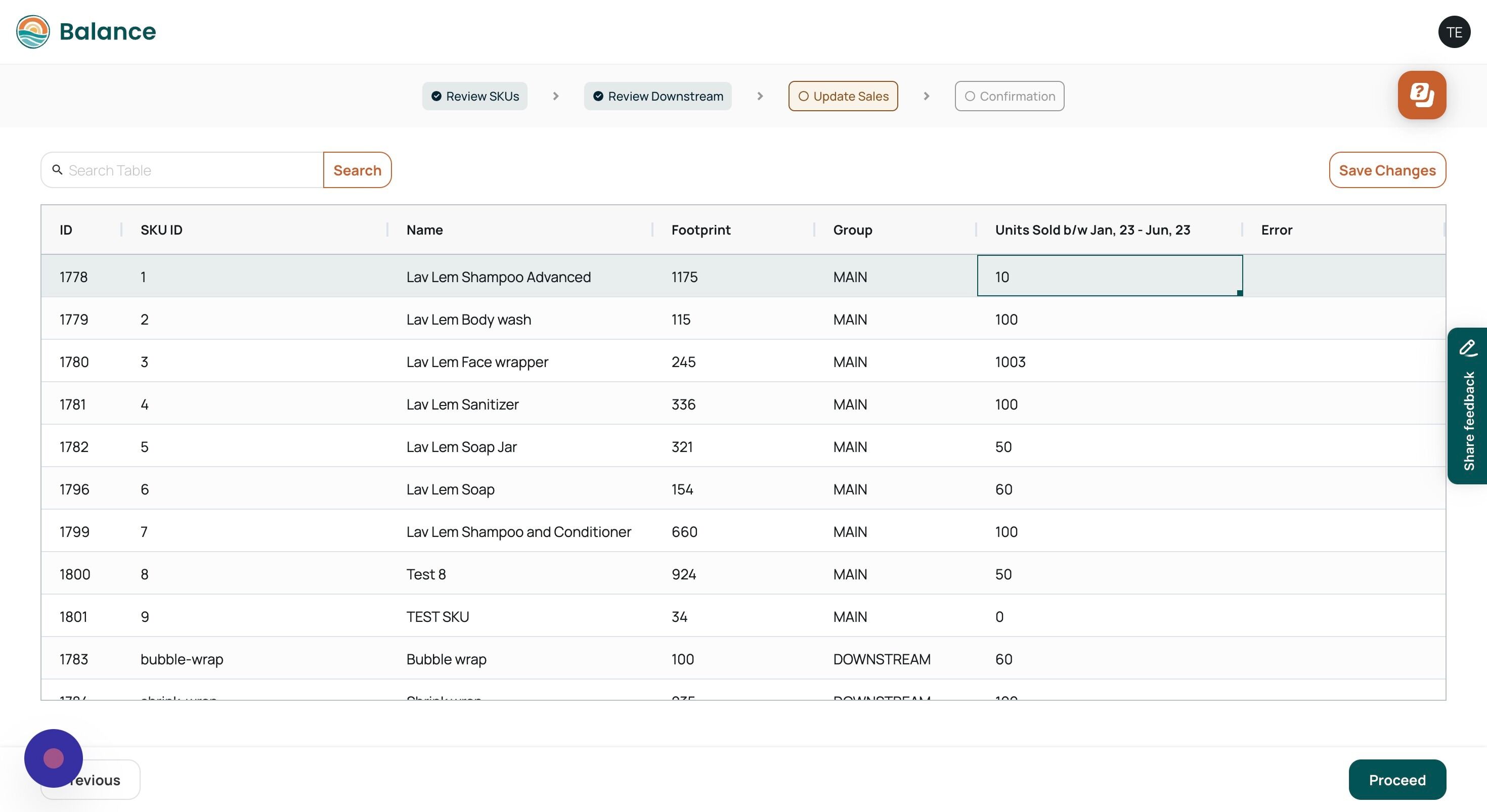 Screenshot of: In order to update your sales numbers for each SKU double click on the respective  cell under column 'Units Sold'. \
\[Note: In this section you will only be able to update the sales figures\].