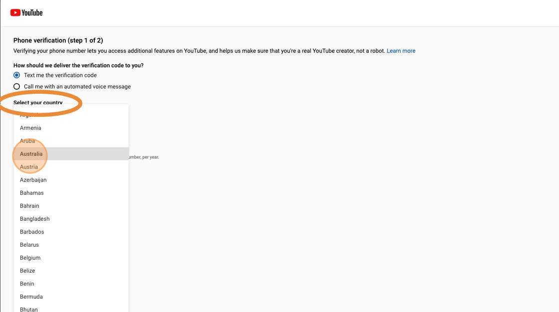 Screenshot of: Select your country from the drop-down list available for verify your YouTube Studio account
