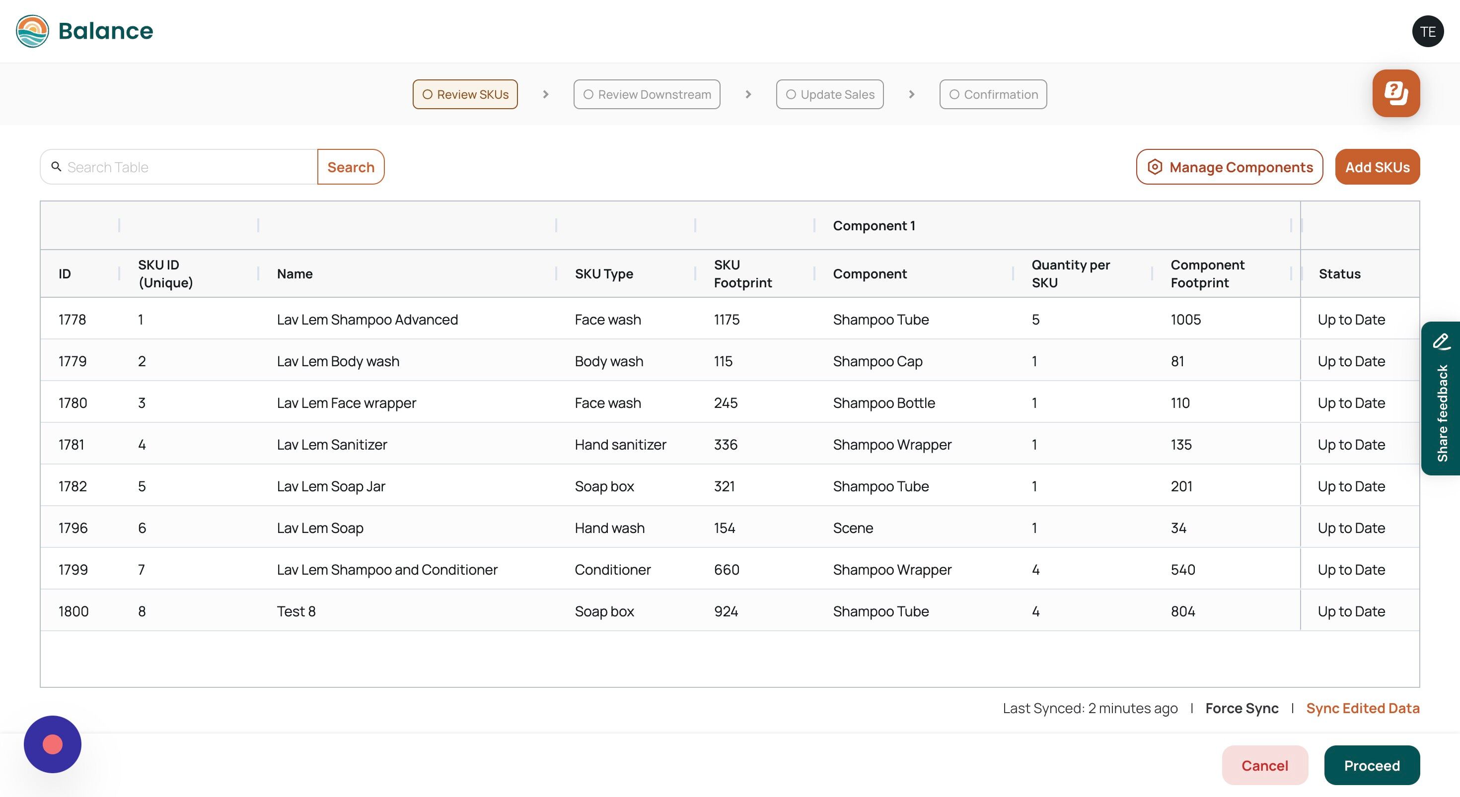 Screenshot of: To add or view your components, navigate to the 'Review SKU' screen and click on 'Manage Components'.
