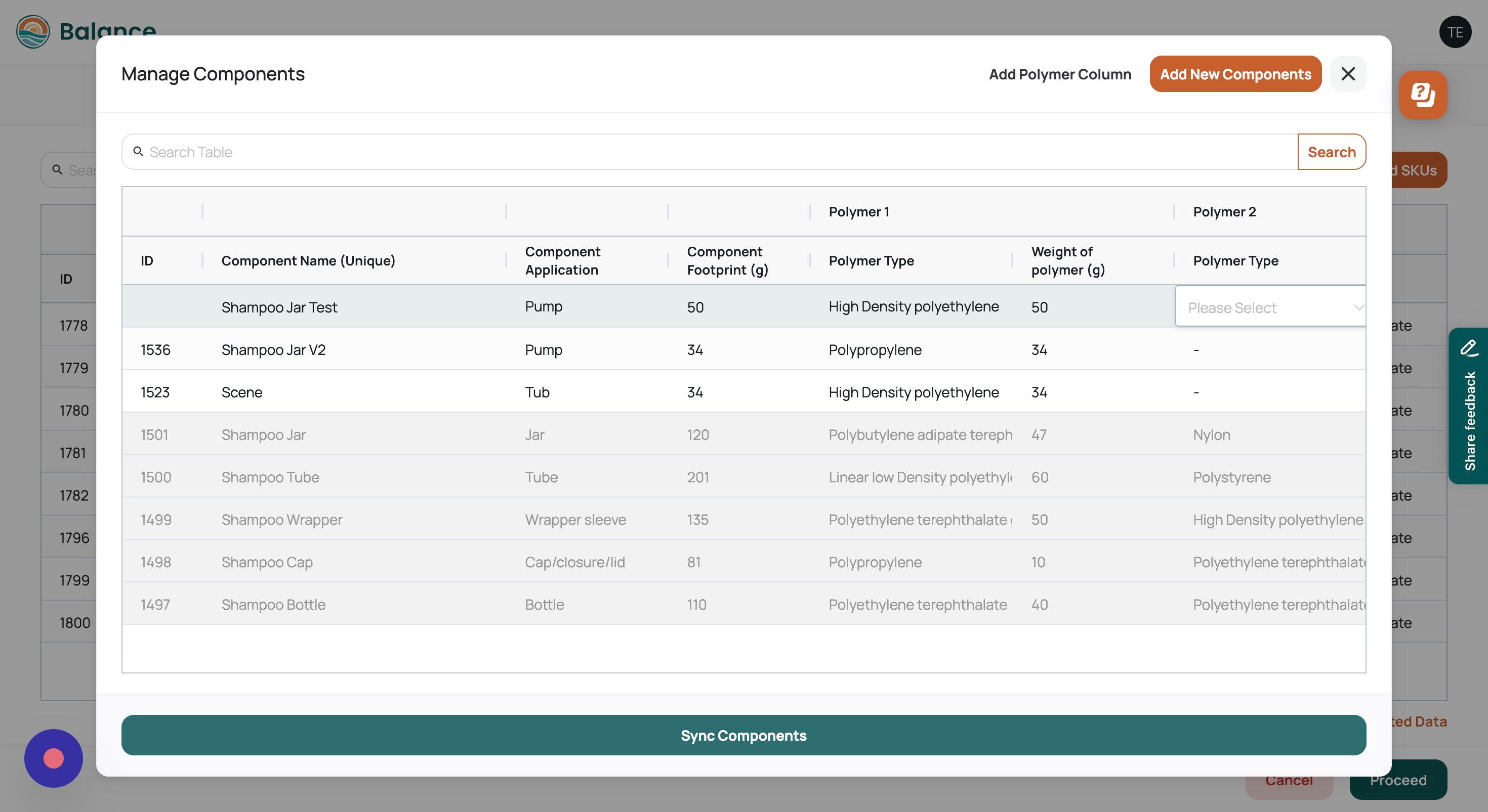Screenshot of: Once you have completed updating all the cells click "Sync Components" in order to save the new component.