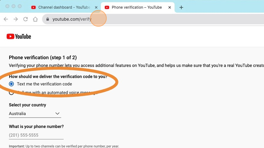 Screenshot of: Then, visit <https://www.youtube.com/verify> to start the verify your YouTube Studio account process.

You can then select from two different methods of verification:

1. Receive a text verification code or
2. Receive a phone call with a verification code

We are going to follow the verify via text option. 