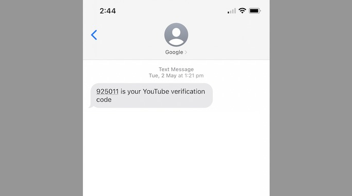 Screenshot of: You will then receive a text message with your YouTube verification code. 