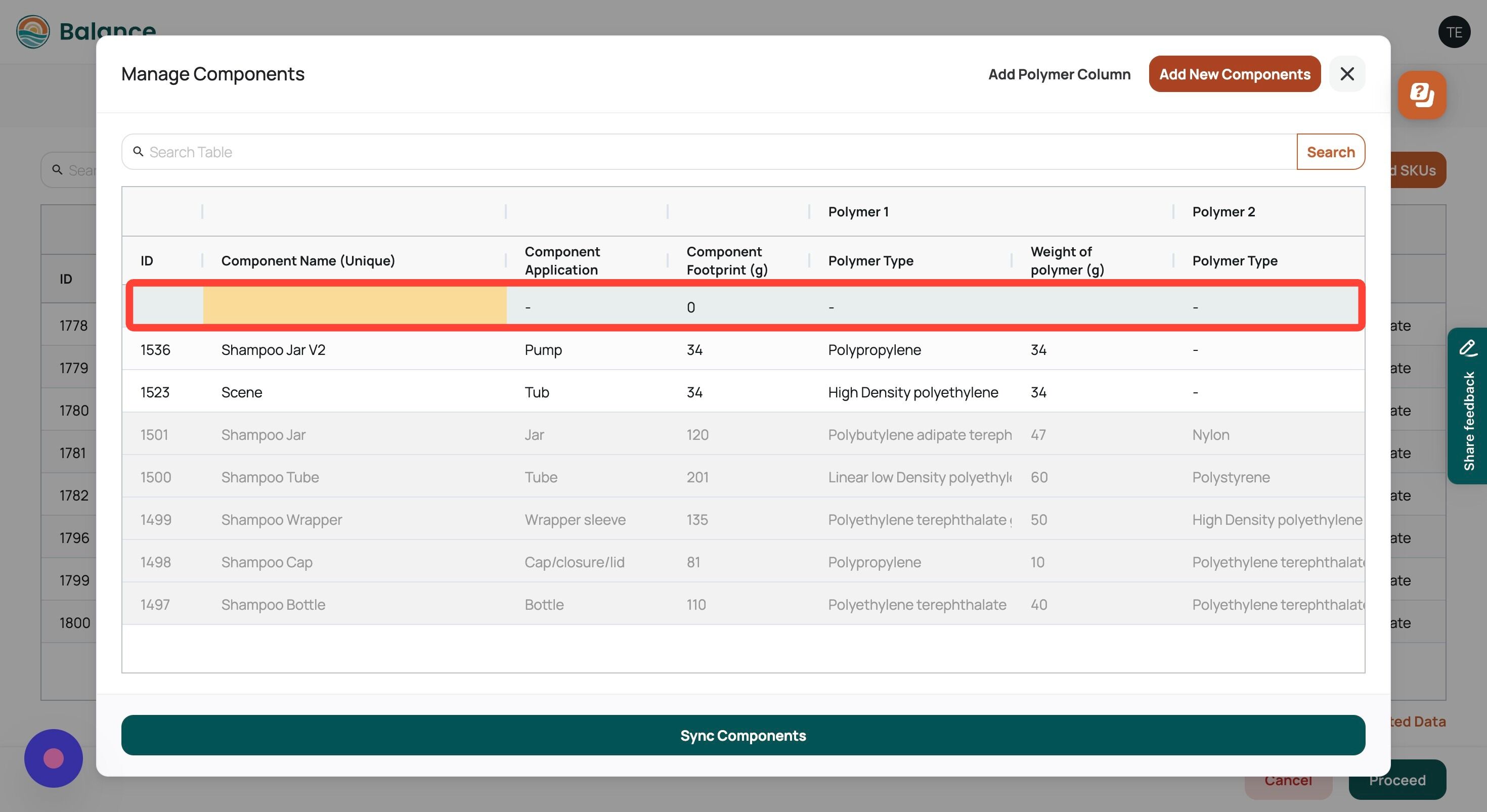 Screenshot of: A new blank row will be added for you to begin adding the details of your new component. 