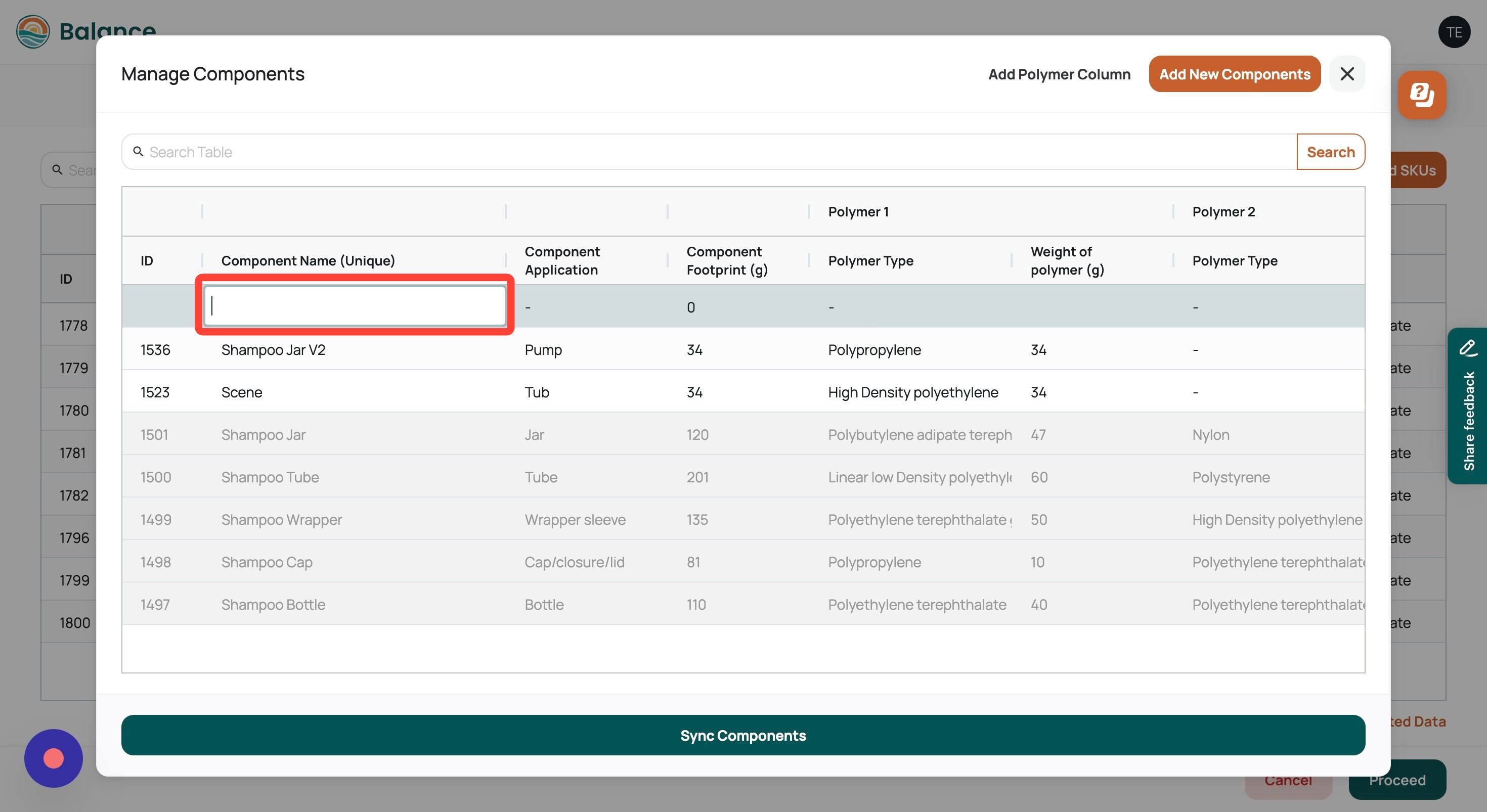Screenshot of: Double click on the cells to unlock the free text field and begin entering the details of your new component. \
\[Note: You will not be able to update the ID and footprint fields, these will be auto-populated by reBalance\].