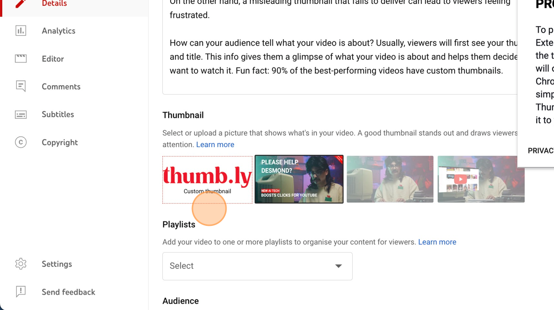 Screenshot of: Under the Thumbnail section, click on the Thumb.ly Logo.\
\
NOTE: Before clicking on the Thumb.ly logo, ensure you have added a title and description for the video.  This helps the AI work out what will be the optimal text for your thumbnail. 