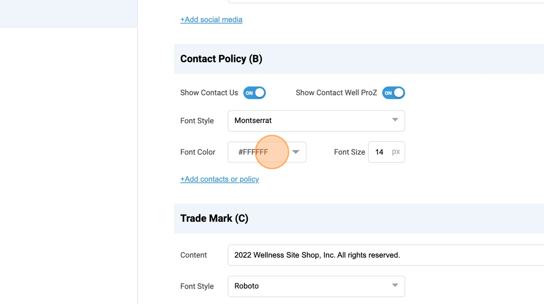 Screenshot of: Click here to change Contact Policy text color.