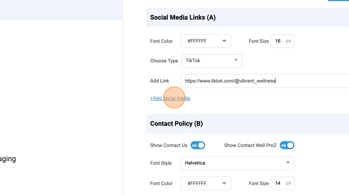 Screenshot of: Click "+Add social media" to add another platform. Repeat as needed.