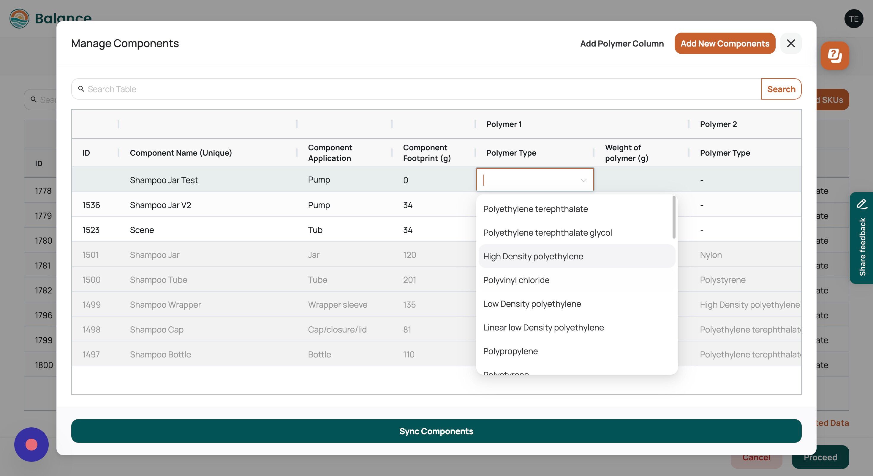 Screenshot of: You'd be able to select polymer type through a dropdown list of options.
