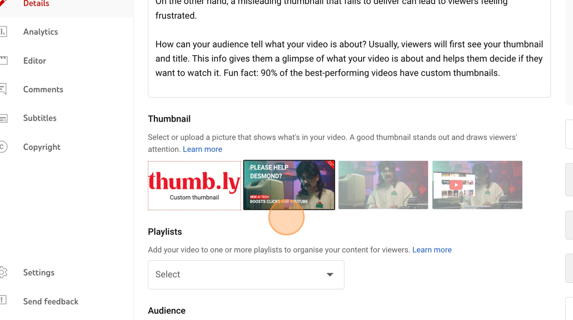 Screenshot of: You will now see the thumbnail in YouTube studio. 