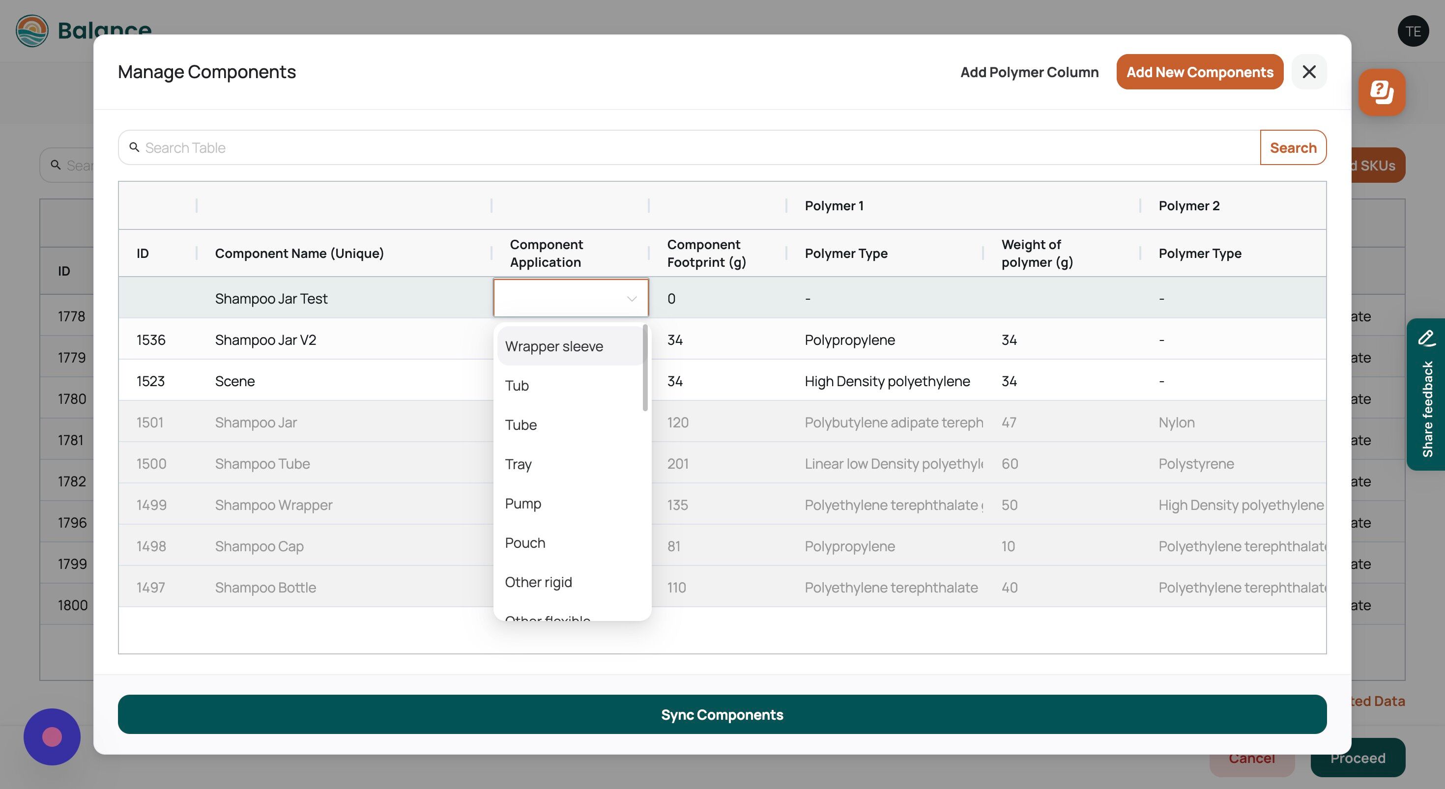 Screenshot of: You'd be able to select component application through a dropdown list of options.