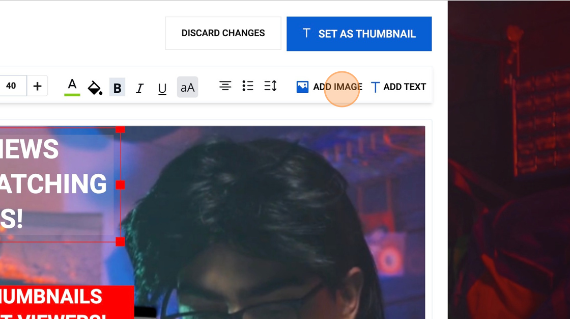 Screenshot of: Click the add image button to add images to your thumbnail.  This can be used to add play buttons, logos or other images you may have that will represent the content of your video, such as a product image. 