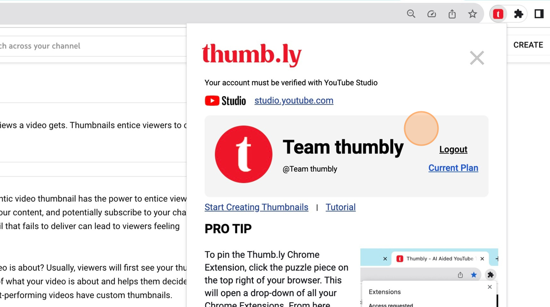 Screenshot of: If you don't have a Thumbly AI account already, sign up using the same Google account you use for YouTube Studio. 