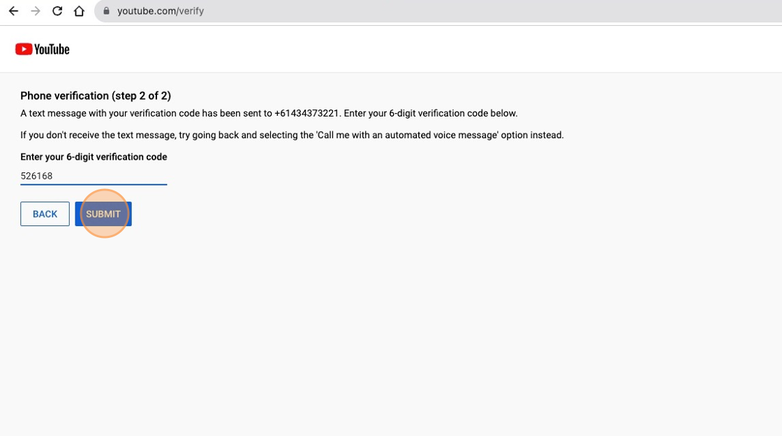 Screenshot of: Enter your 6-digit YouTube verification code into the field provided a click the "Submit" button. 