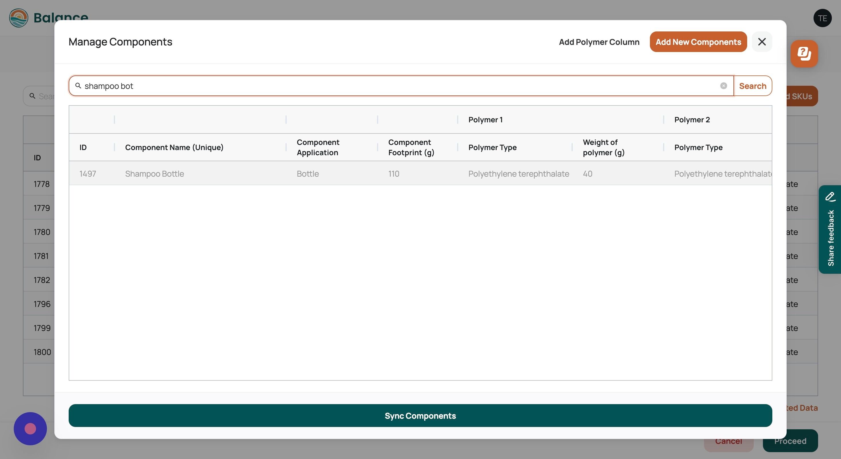 Screenshot of: You can use the search field to search for a specific component.