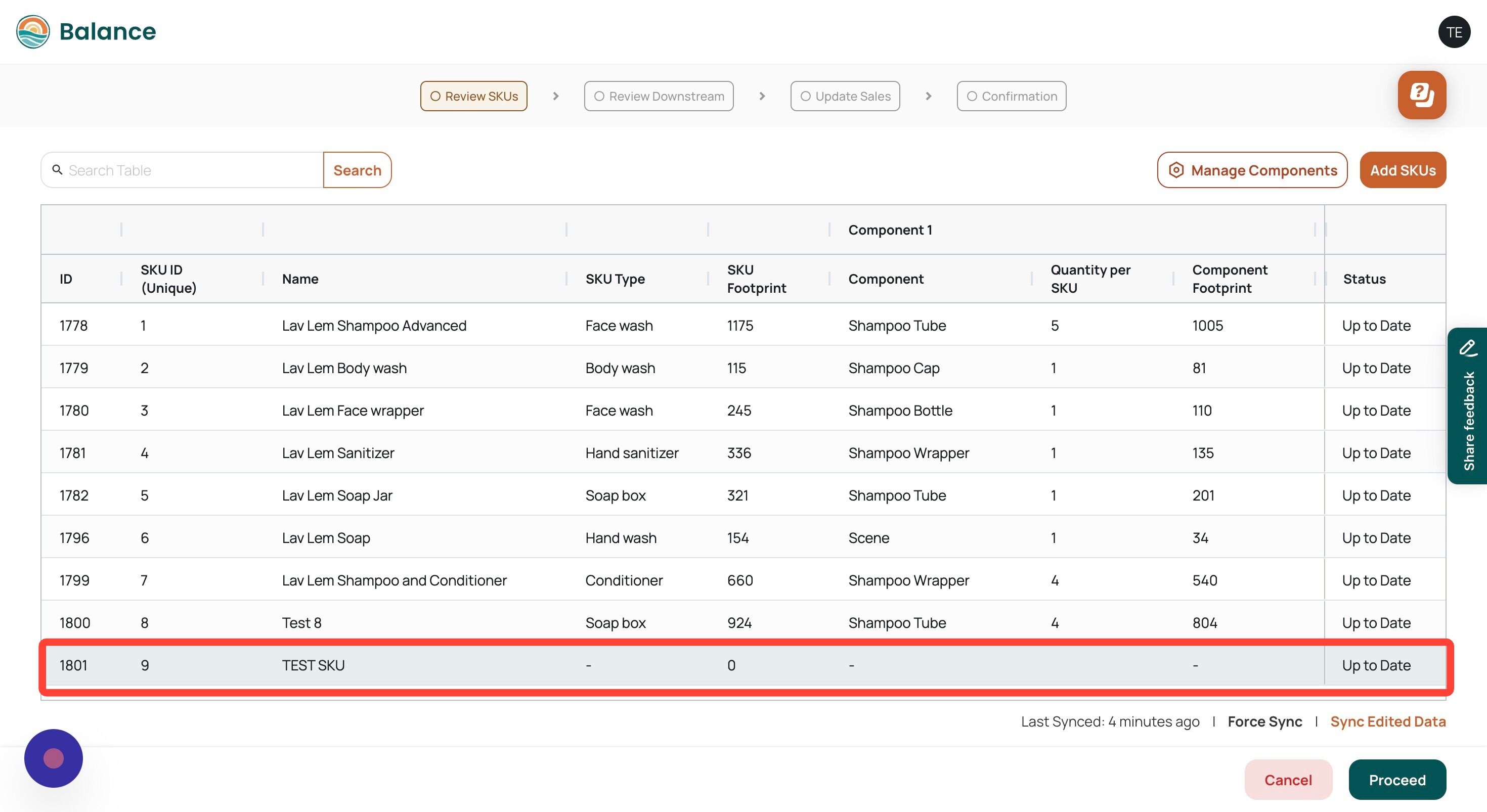 Screenshot of: The new SKU created by you will now be visible in the SKUs management table.
