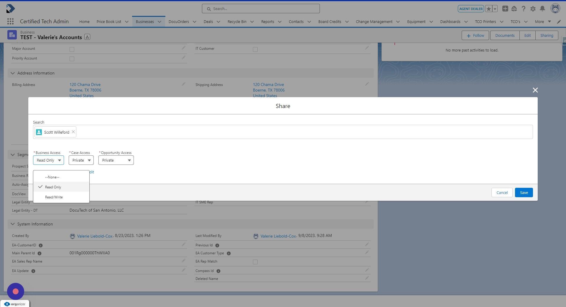 Screenshot of: Click "Read Only" for read only access. Or click "Read/Write" to allow the user to make edits on the business. 