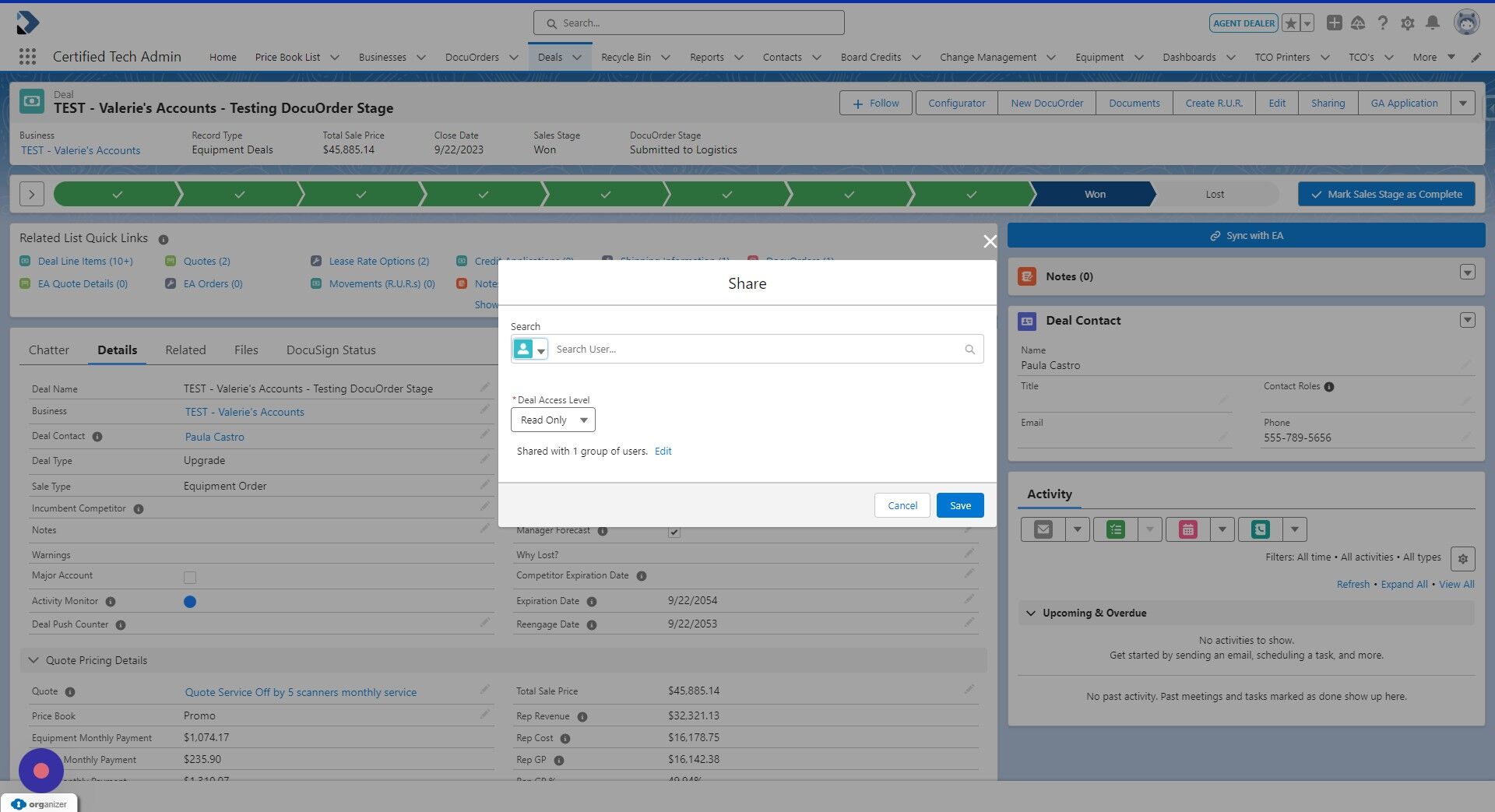 Screenshot of: From the Deal screen, select the Sharing button at the top right.  Select your user. 