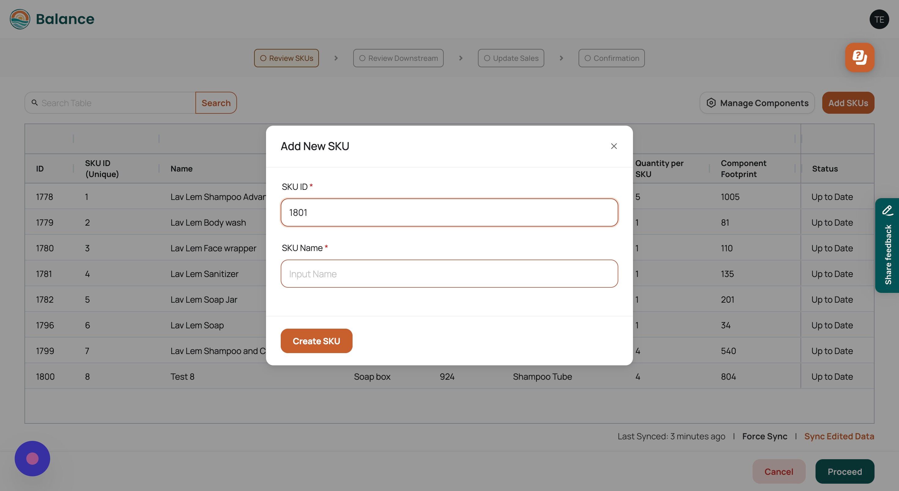 Screenshot of: Click the "Name" field and give your new SKU a name.