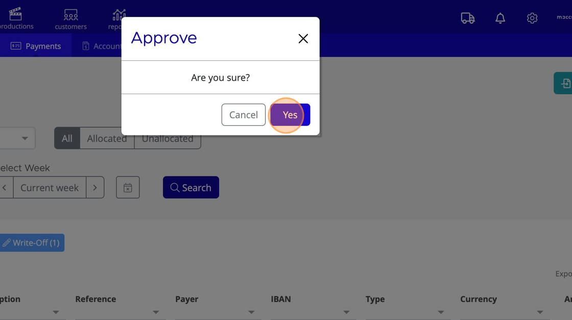Screenshot of: Click "Yes" and you're done. You can now allocate your payment.
