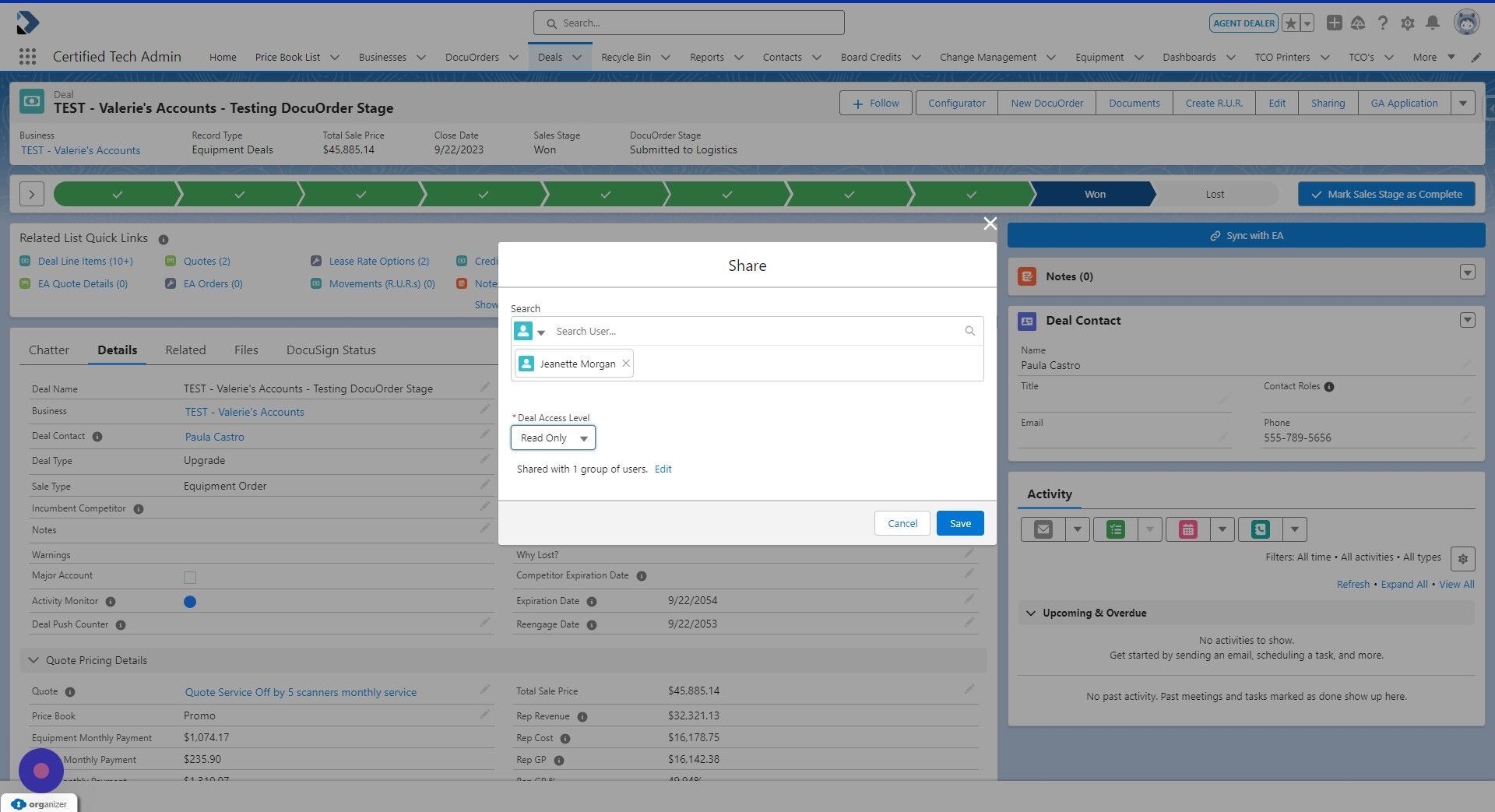 Screenshot of: Select Read Only if they can only view the Deal.  If you want to allow the user to edit the Deal, select Read/Write. 