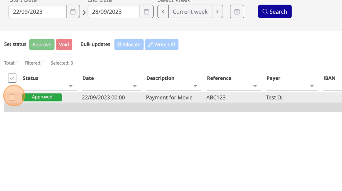 Screenshot of: Click this checkbox next to the Payment(s) you wish to allocate. Note: you can only select multiple payments if they are from the same Payer.
