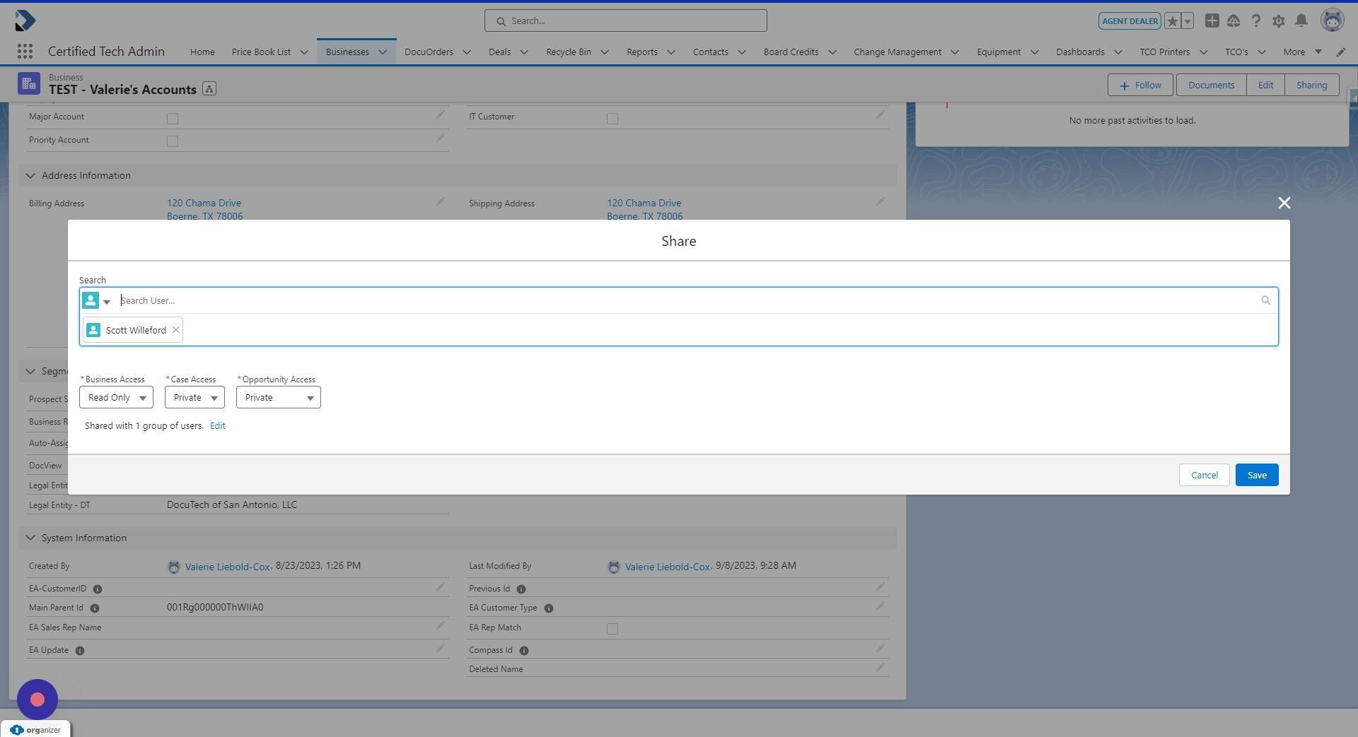 Screenshot of: Do you want the Business to be shared as Read only or do you want to allow read/write access?