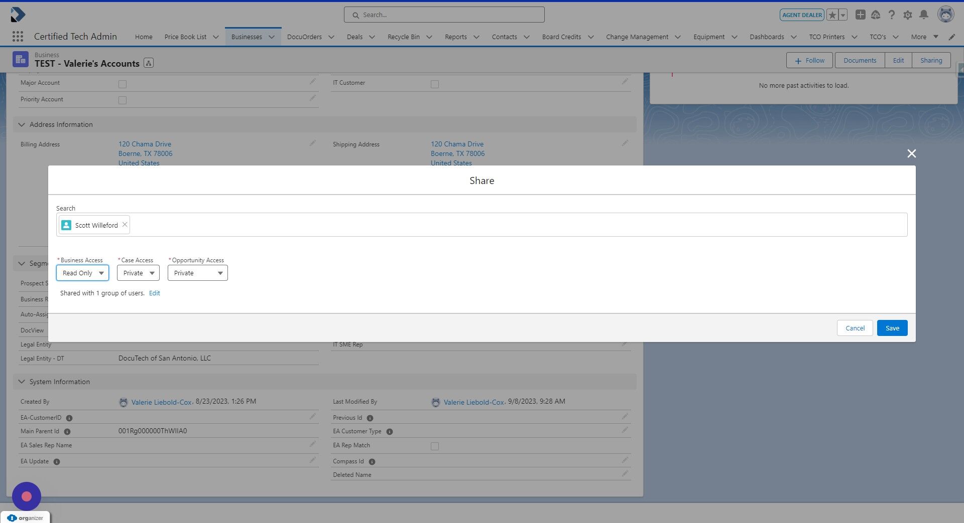 Screenshot of: Case Access is access to the Activities for the account.

Select Private if you do not want to share Activities. Select Read Only for the user to view the Activities. Select Read/Write if the user can see and edit Activities.