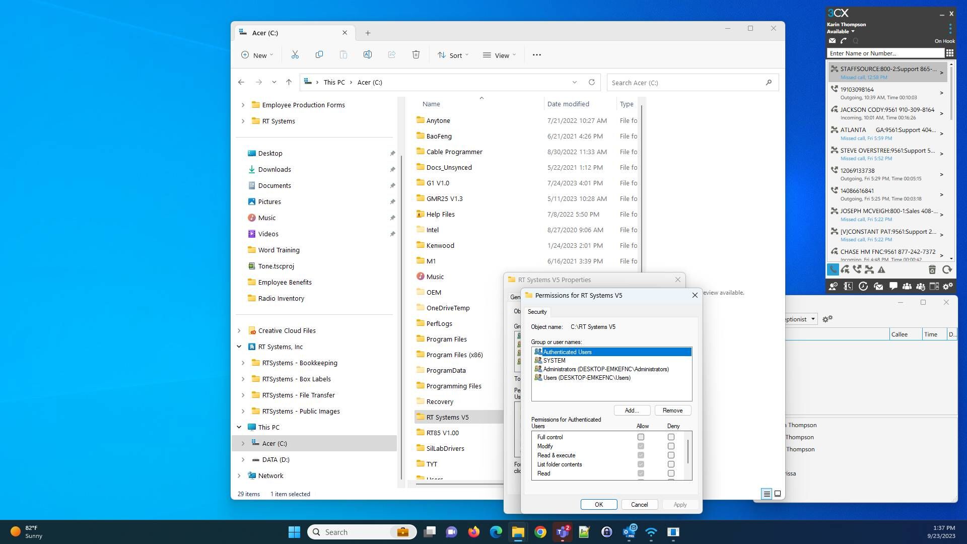 Screenshot of: Check the permissions to Allow Modify, Read & execute, List folder contents, Read, and Write.  (Full Control was not checked on my machine and everything is running. It may be necessary given someone else's configuration.)