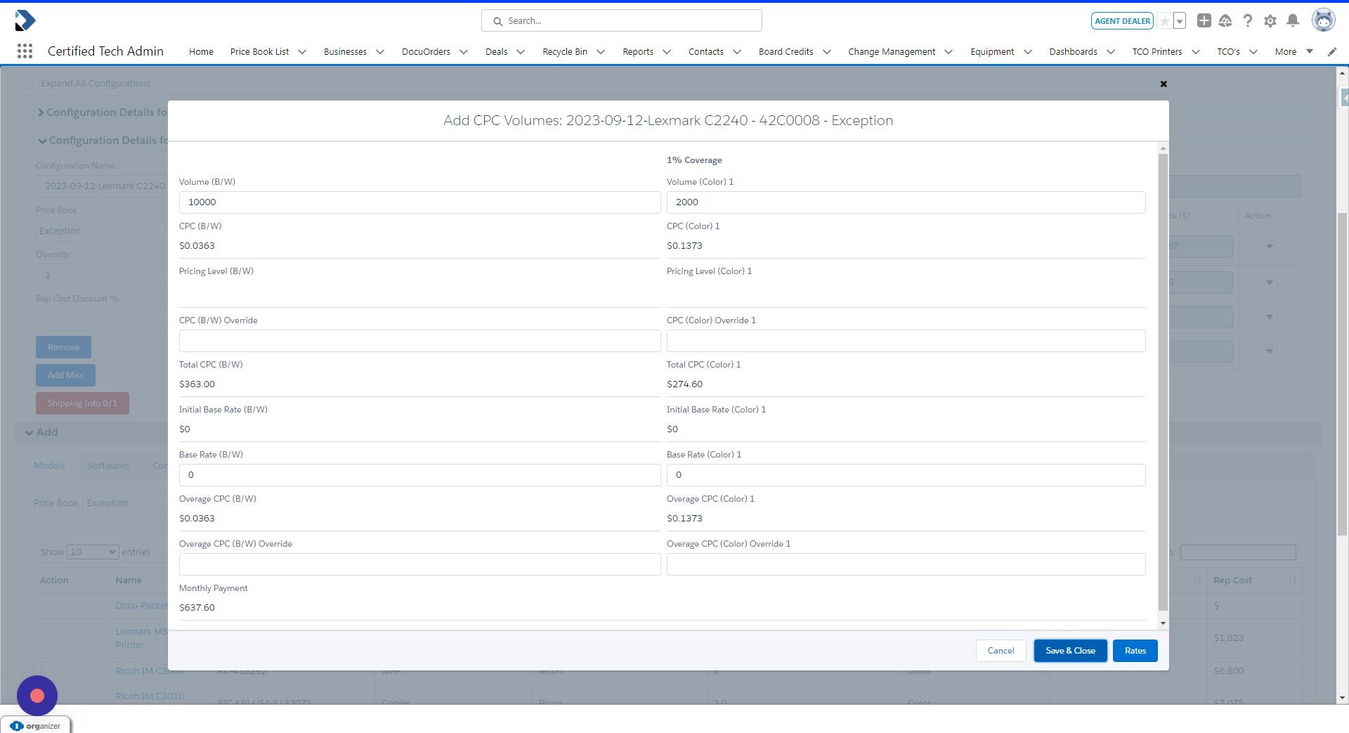 Screenshot of: Click "Save & Close" after you have entered all the fields you need regarding CPC Rates. 