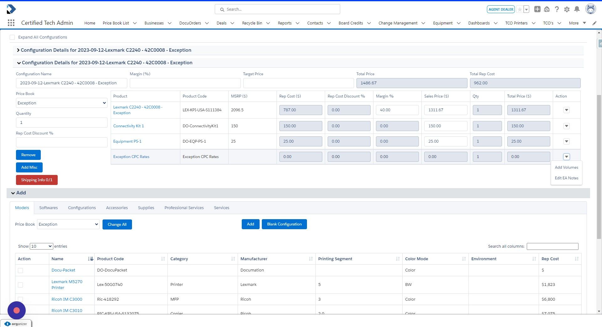 Screenshot of: Once the device is added, you will see the device has a line item called Exception CPC Rates. Select Add Volumes. 