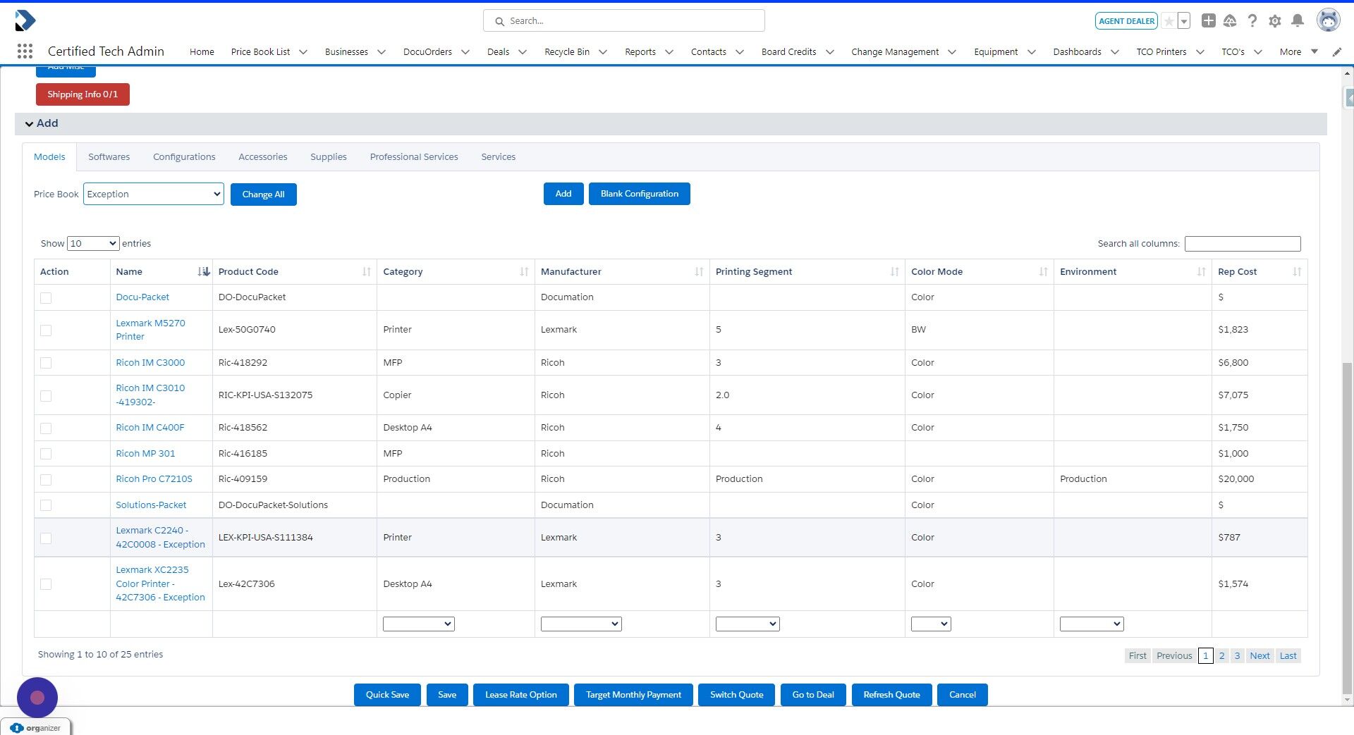 Screenshot of: Select the Exception Pricebook and find your device.