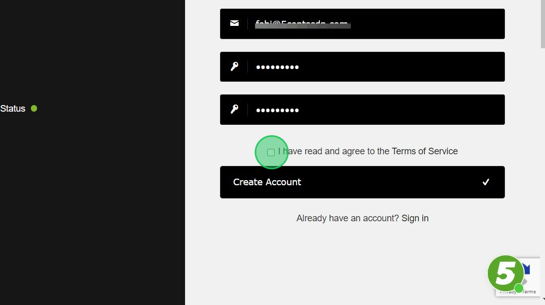 Screenshot of: Click the "I have read and agree to the Terms of Service" field.