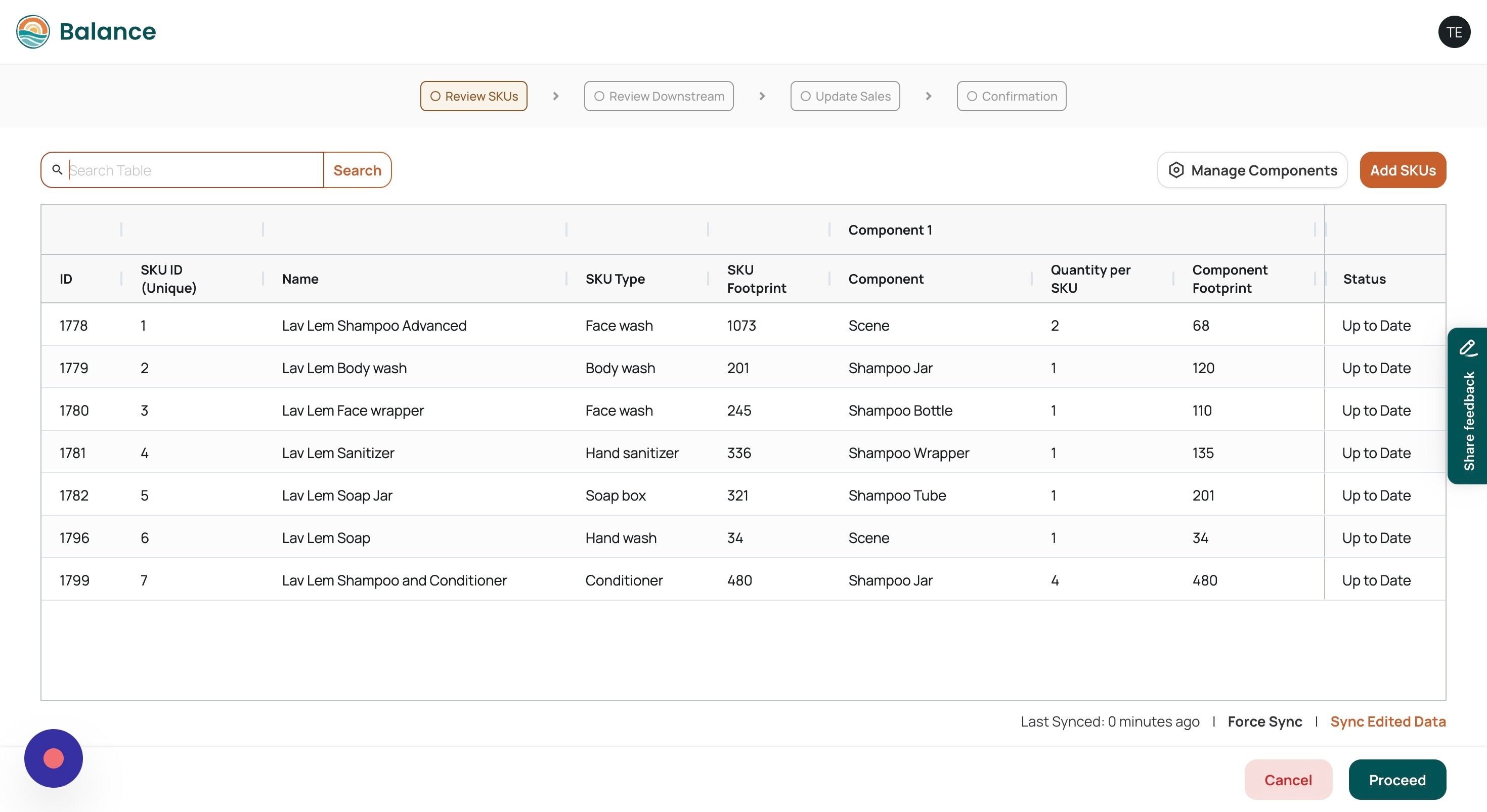 Screenshot of: When you click 'Get started,' you will be redirected to the footprint disclosure form where you can commence disclosing your latest plastic footprint for rePurpose to review. 

The initial step involves updating the SKU and component level data and is named "Review SKUs". This step displays all the SKUs your company has disclosed to rePurpose for the plastic recovery program. If your SKUs are up to date you can skip this section by selecting 'Proceed'.