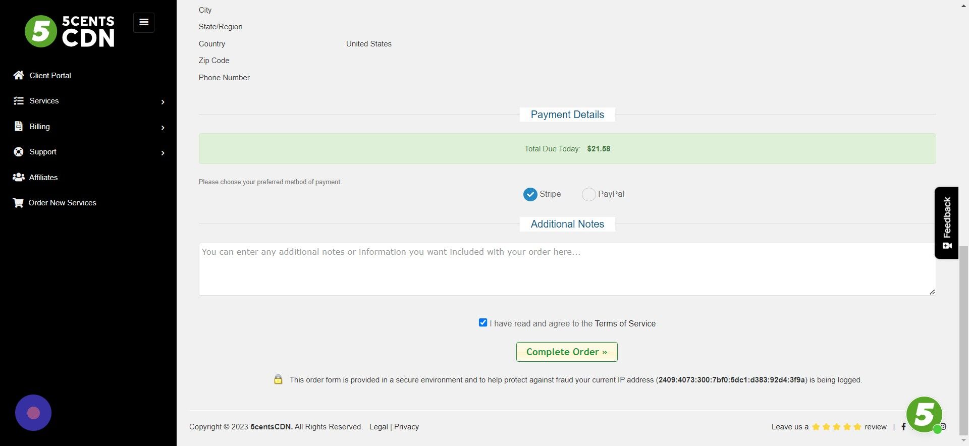 Screenshot of: Click Complete Order