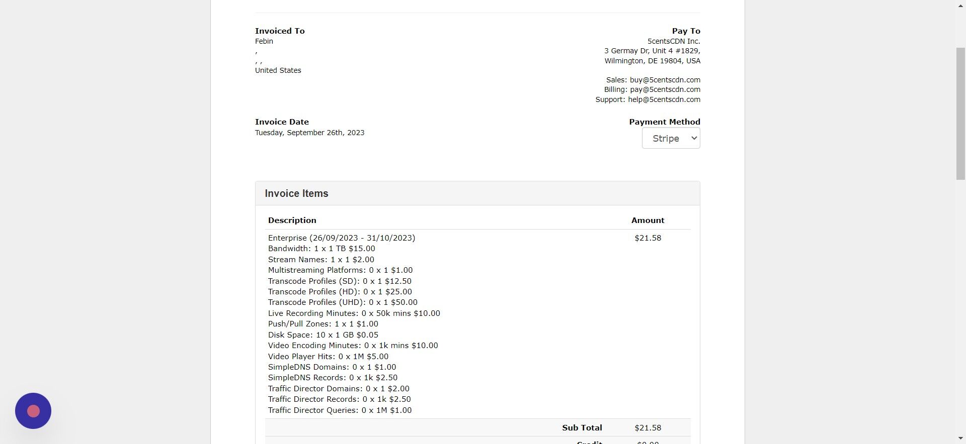 Screenshot of: You will be redirected to the Invoice section. You can choose the Payment Method
